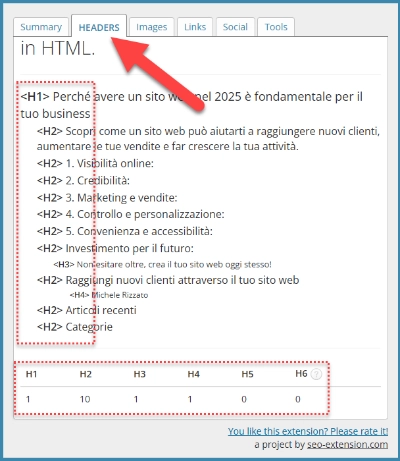 Schermata Headers del software di accessibilità Seo Meta in 1 Click