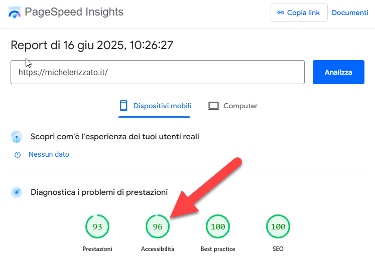 Schermata Accessibilità di Google PageSpeed Insights
